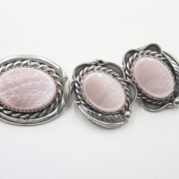 Vintage Pink Shell clip earrings & pin/necklace  Sterling 925 signed - Picture 3 of 11